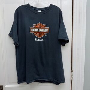 Harley Davidson Motorcycles Black Orange White T Shirt Men's XL USA